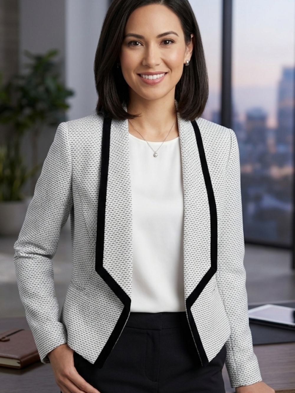 White Textured Open-Front Blazer with Black Trim